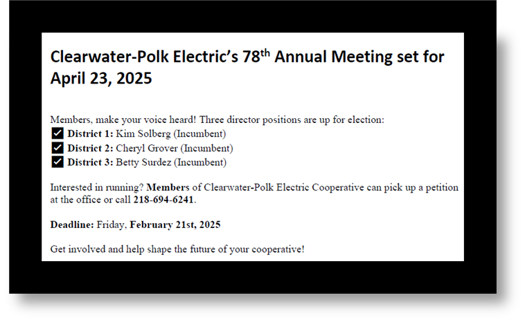 Clearwater-Polk Electrics 78th Annual Meeting - April 23rd 2025